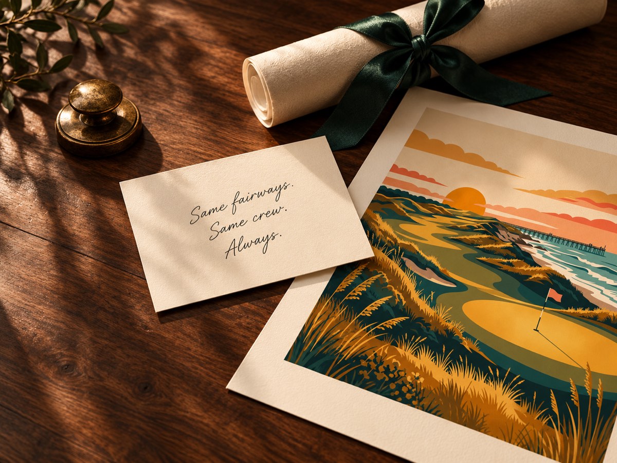 Golden trip artwork and a keepsake gift note arranged with a dark green ribbon