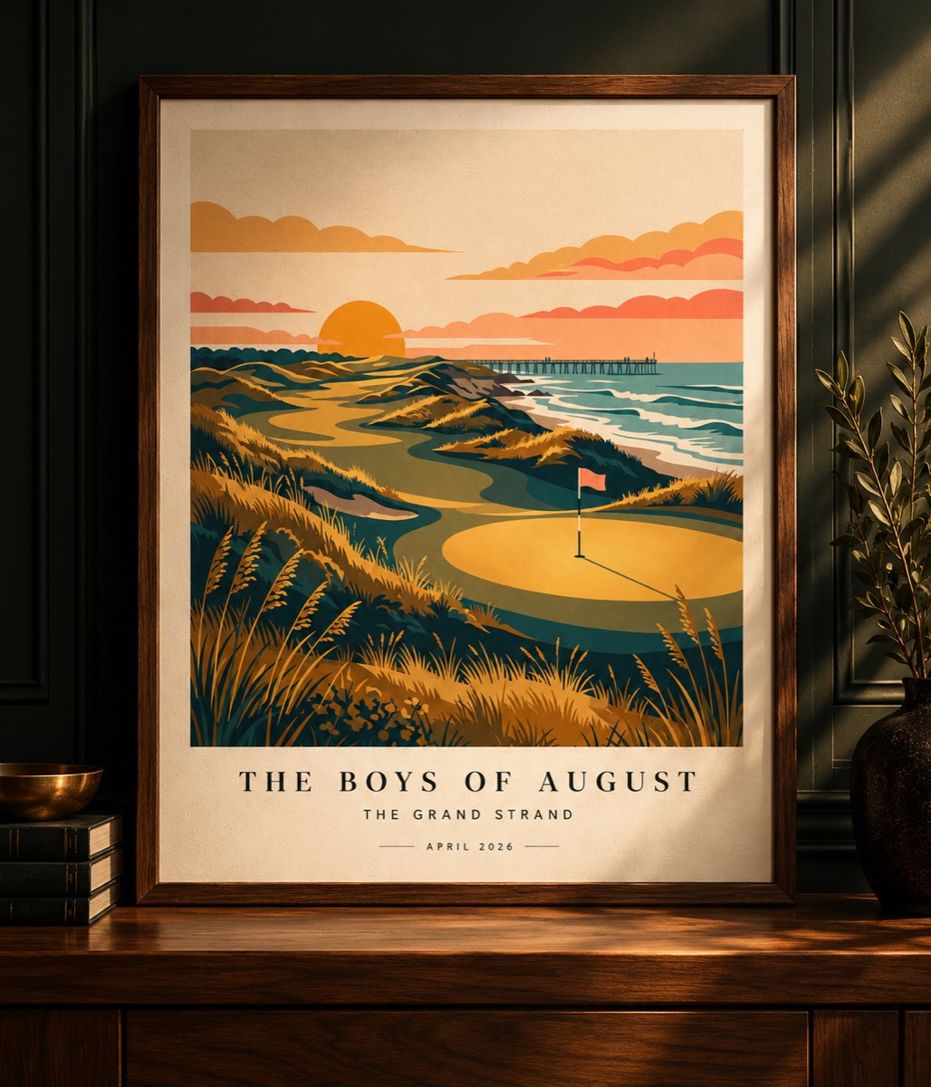 The Boys of August personalized Grand Strand artwork in a walnut frame in a dark gallery